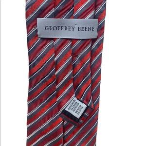 Geoffrey Beene red grey white striped  100% silk handmade tie